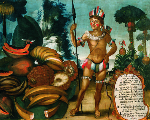 An image from colonial times of a Yumbo man, dressed in a feathered crown, armbands, and loin cloth standing next to a pile of fruits of the forest