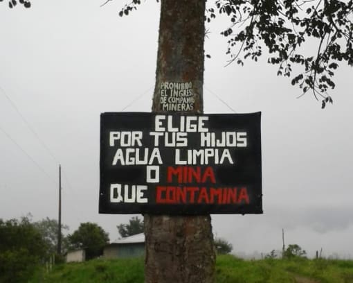 Un cartel en un árbol que dice "¿Elige por tus hijos agua limpia o mina que contamina?"